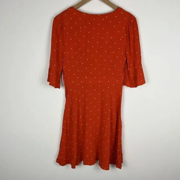 Free People All Yours Orange Polka Dot Tie V Neck Mini Dress Size 0 A Line - Picture 3 of 8